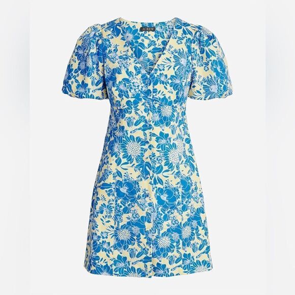 J Crew Button Front Puff Sleeve Blue Floral Twill Mini Dress NWT - Picture 1 of 9